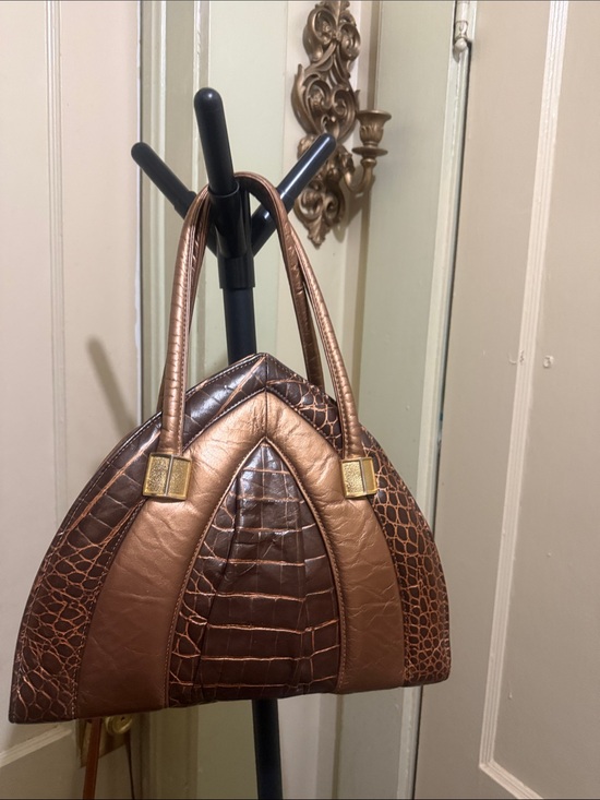 Handbags - Brown Metallic Croc-Texture Structured Tote Bag